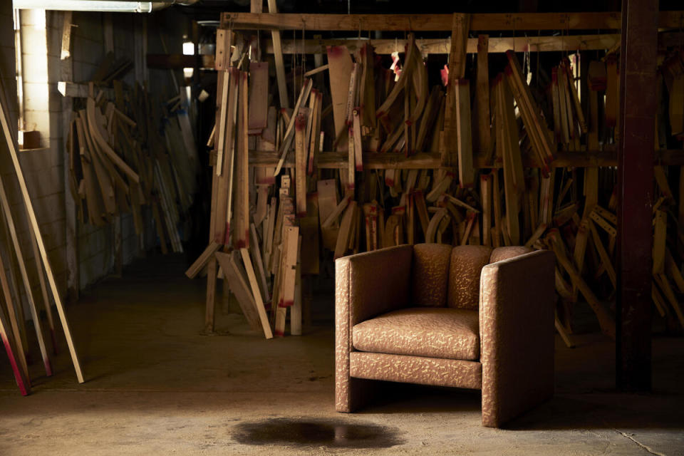 Grant Trick’s Arlington chair in Archipelago in Clay & Silvery Gold by Fortuny 