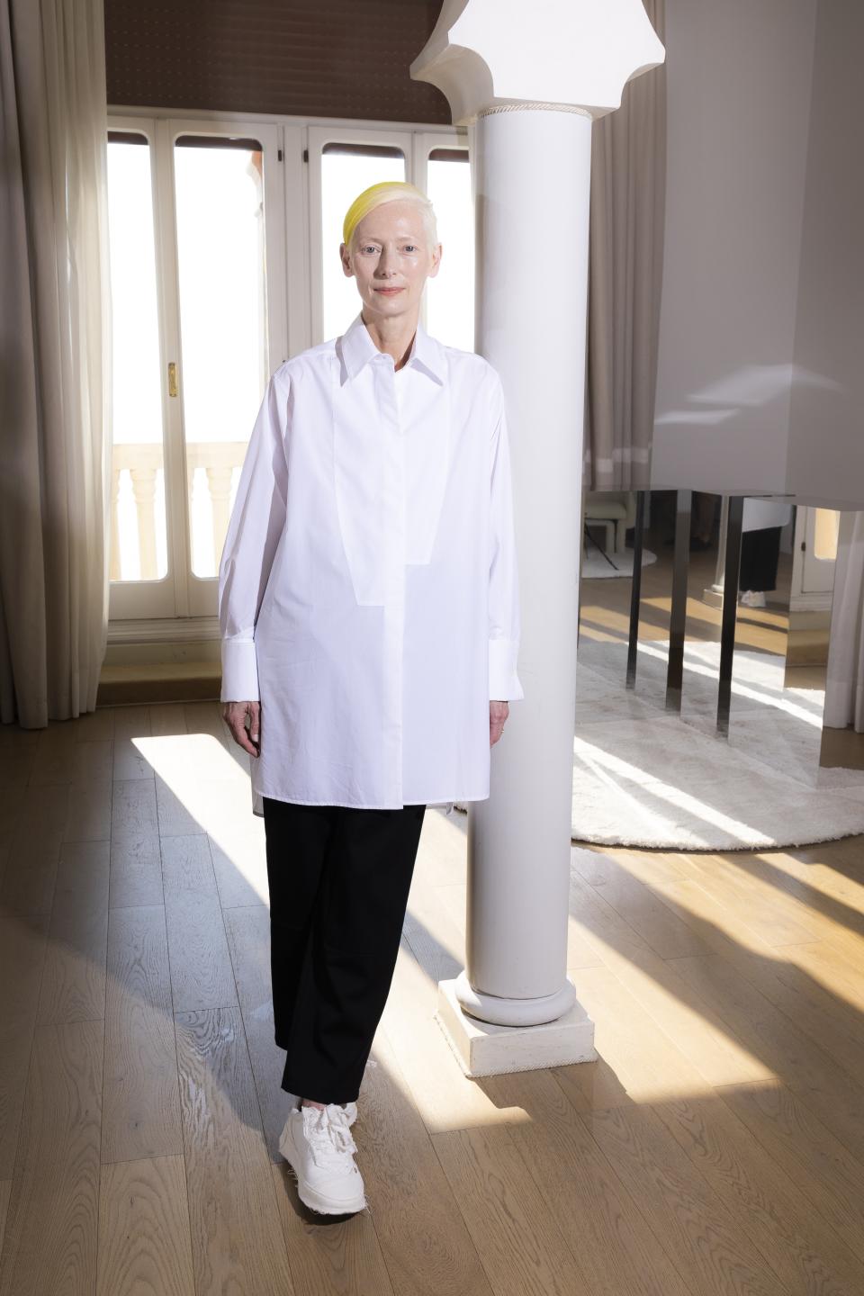 Tilda Swinton poses for portrait photographs for the film 'The Eternal Daughter' during the 79th edition of the Venice Film Festival in Venice, Italy, Tuesday, Sept. 6, 2022. (Photo by Joel C Ryan/Invision/AP)