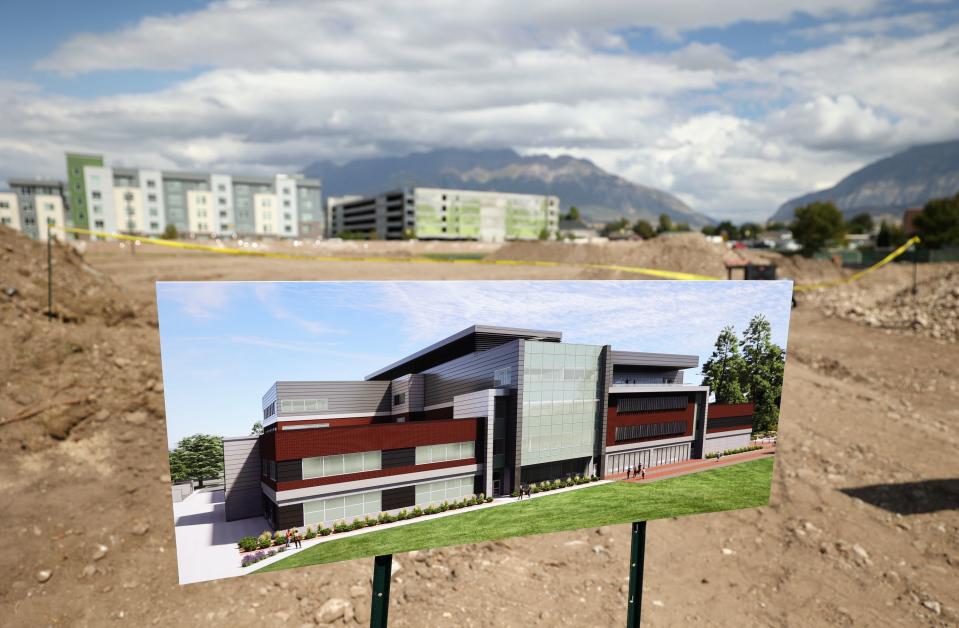 A rendering of the future Scott M. Smith College of Engineering and Technology Building is on display during a ground breaking ceremony for the building at Utah Valley University in Orem on Thursday, Sept. 21, 2023. | Kristin Murphy, Deseret News
