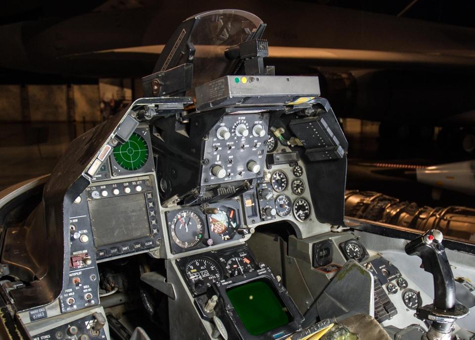 The cockpit of the F-16 Fighting Falcon in the Cold War Gallery at the National Museum of the United States Air Force at Wright-Patterson Air Force Base in Ohio.