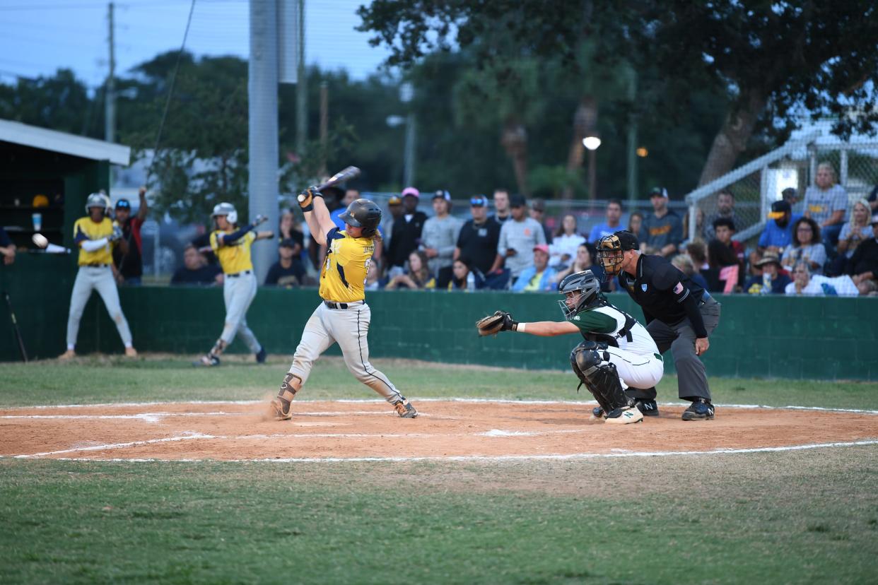 All-County player Mason Jantomaso puts the ball in play versus Melbourne on May 17, 2022.