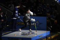 United States' Hilary Knight shoots during the Skills Competition shooting stars event, part of the NHL All-Star weekend, Friday, Jan. 24, 2020, in St. Louis. (AP Photo/Jeff Roberson)