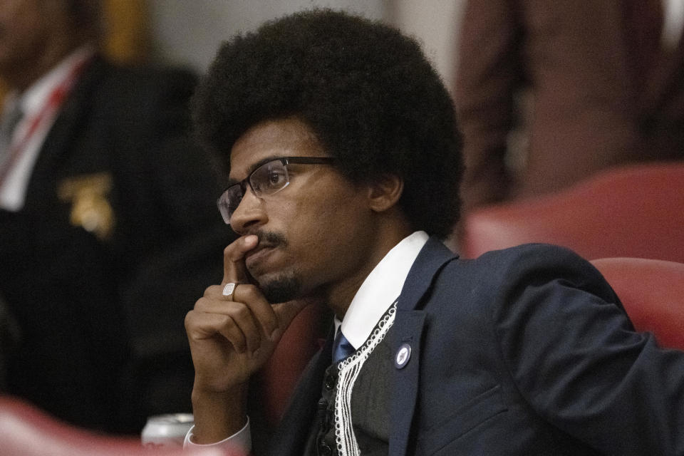 Rep. Justin Pearson, D-Memphis, listens to remarks on the floor of the House chamber in Nashville on Thursday before a vote to expel him along with two other representatives over a gun control protest.   / Credit: George Walker IV / AP