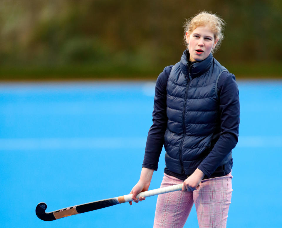 MARLOW, UNITED KINGDOM - JANUARY 07: (EMBARGOED FOR PUBLICATION IN UK NEWSPAPERS UNTIL 24 HOURS AFTER CREATE DATE AND TIME) Lady Louise Windsor plays hockey as she attends an England Hockey team training session at Bisham Abbey National Sports Centre on January 7, 2020 in Marlow, England. (Photo by Max Mumby/Indigo/Getty Images)