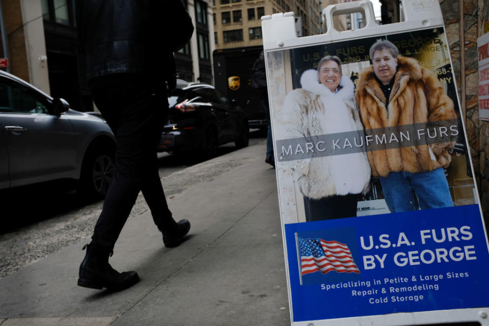 An advertising sign featuring former New York Jets quarterback Joe Namath promotes fur products in the Manhattan in 2019.