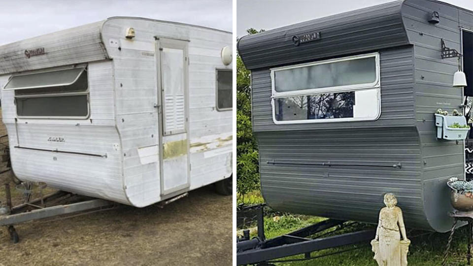 Before and after shot of Caravan dirty and white (left) and chic and grey (right) DIY transformation