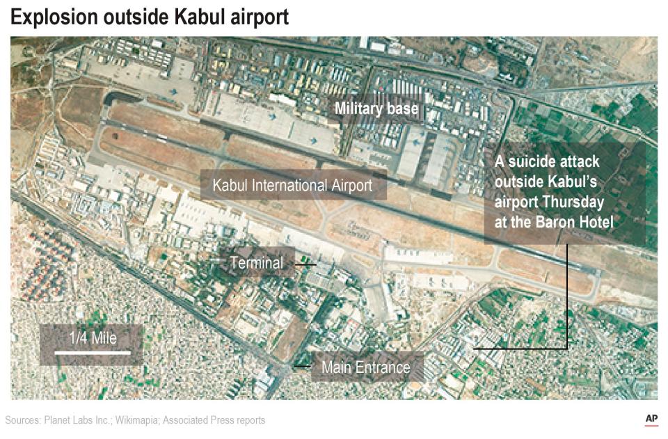 Satellite image shows Kabul International Airport and the location of an explosion near the Abbey Gate.