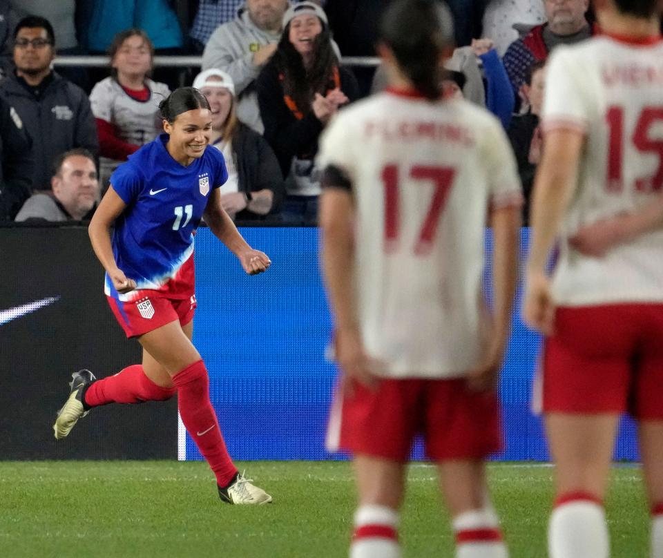 Sophia Smith of the United States reacts after successfully converting in the shootout against Canada in the 2024 SheBelieves Cup, helping lead to a U.S. championship.