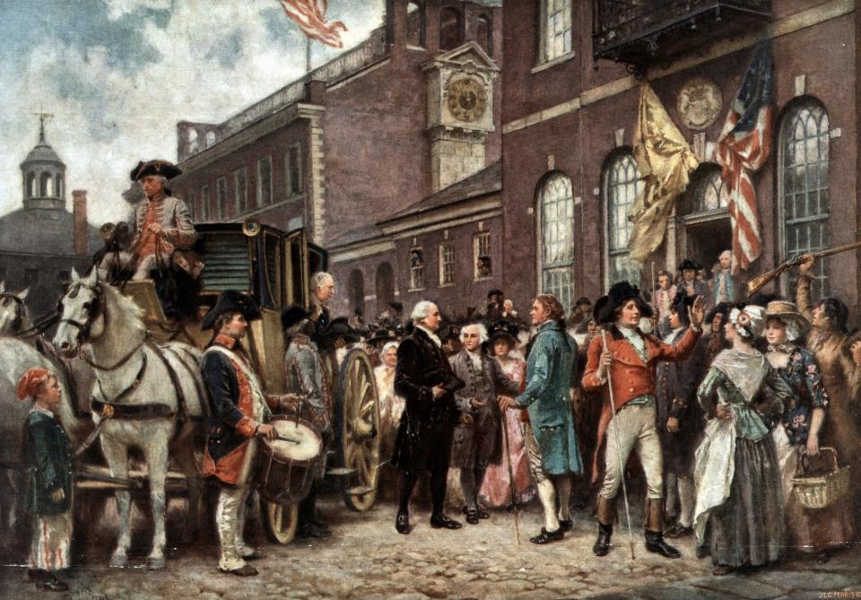 Washington's second inauguration by J.L.G. Ferris. The print shows George Washington arriving at Congress Hall in Philadelphia on March 4, 1793.