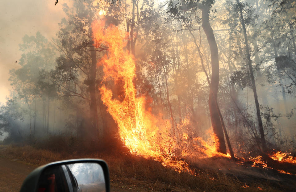 Firefighters battle bushfires in Busbys Flat, northern NSW, Wednesday, October 9, 2019. (AAP Image/Jason O'Brien) NO ARCHIVING