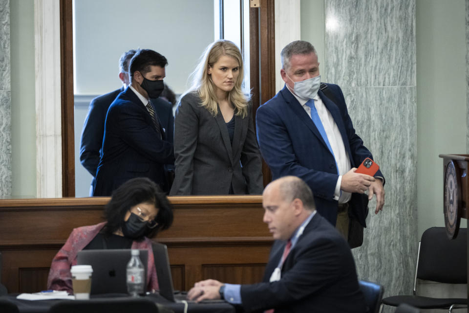 Former Facebook employee and whistleblower Frances Haugen returns from a break during a Senate Committee on Commerce, Science, and Transportation hearing on Capitol Hill on Tuesday, Oct. 5, 2021, in Washington. (Drew Angerer/Pool via AP)