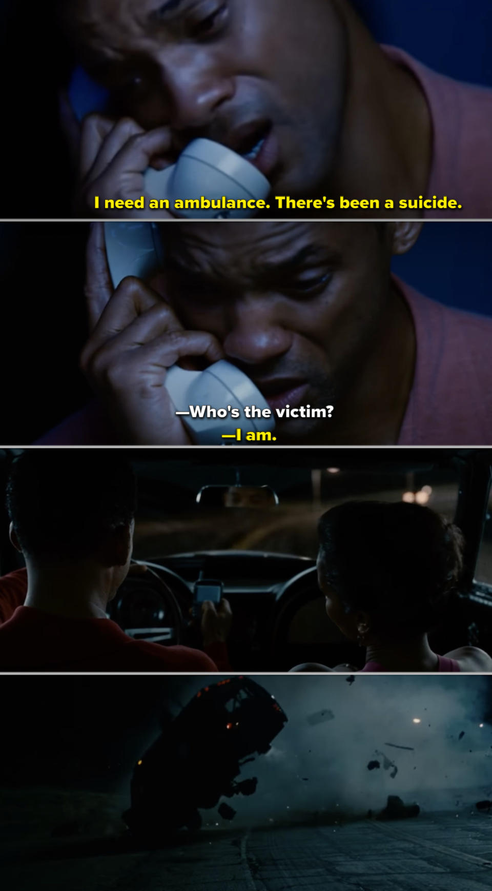 Will Smith's character texting while driving and causing an accident