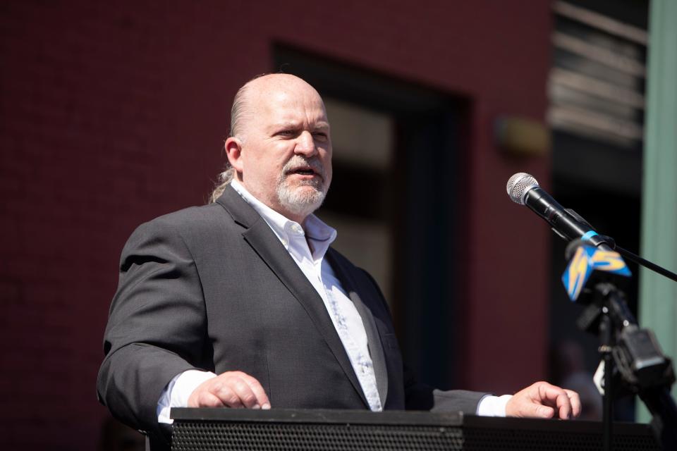 Rock 'n' Soul Inc. President John Doyle speaks at an event to celebrate the purchase of the building at 126 Beale St. by Memphis Rock ’n’ Soul Inc. and to announce plans for it to become the permanent home of the Rock 'n' Soul Museum and Memphis Music Hall of Fame in Downtown Memphis, on Thursday, March 28, 2024.