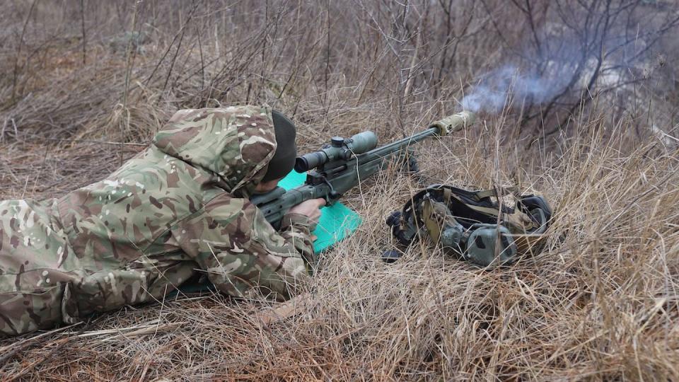 Yevhen fires his rifle, a .308 Accuracy International, at a training range in eastern Ukraine. The Western, NATO-style loadout of each marksman is an evolutionary shift from the Soviet approach that characterized Ukraine’s armed forces in years past. (Thomas Mutch/Special to Military Times)