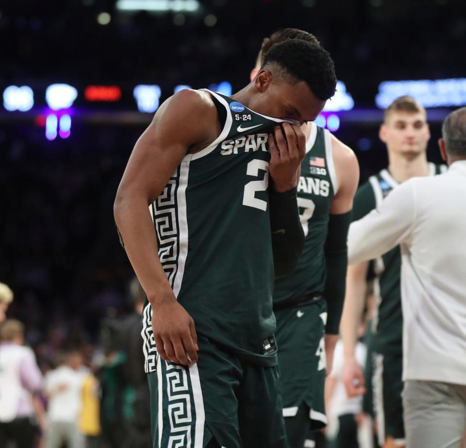 Michigan State guard Tyson Walker walks off the court after MSU's 98-93 overtime loss to Kansas State in the Sweet 16 on Thursday, March 23, 2023, in New York.