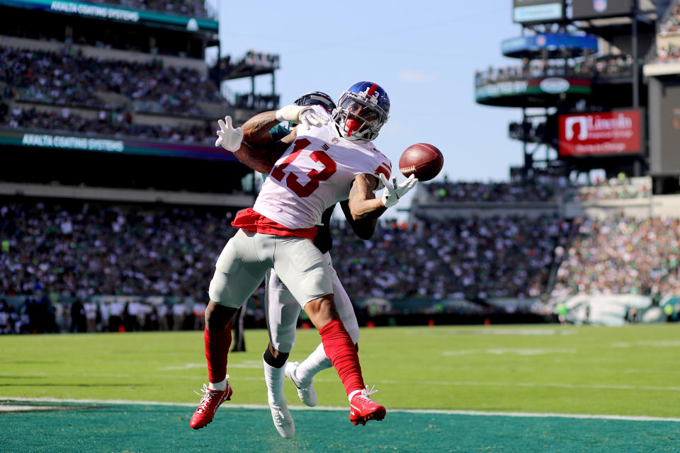 <p>Odell Beckham #13 of the New York Giants completes a four yard touchdown pass against Rasul Douglas #32 of the Philadelphia Eagles on September 24, 2017 at Lincoln Financial Field in Philadelphia, Pennsylvania. (Photo by Abbie Parr/Getty Images) </p>