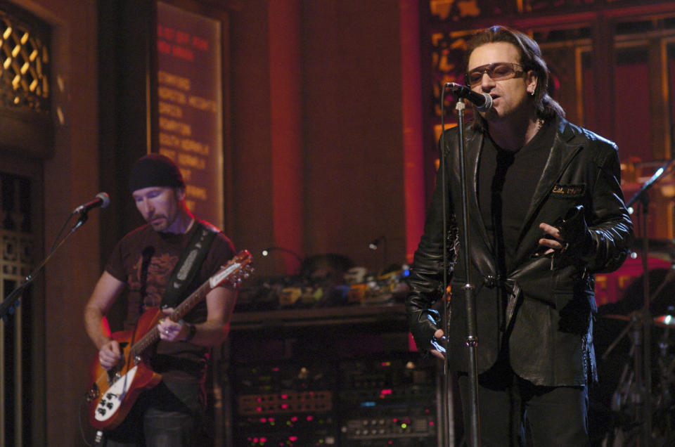 SATURDAY NIGHT LIVE -- Episode 6 -- Aired 11/20/2004 -- Pictured: Musical guests U2 (l-r) The Edge, Bono perform onstage  (Photo by Mary Ellen Matthews/NBCU Photo Bank/NBCUniversal via Getty Images via Getty Images)