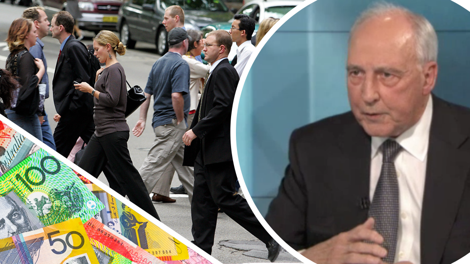 Pictured: Superannuation founding father Paul Keating, Australian workers and Australian money. Images: Getty, ABC 7:30