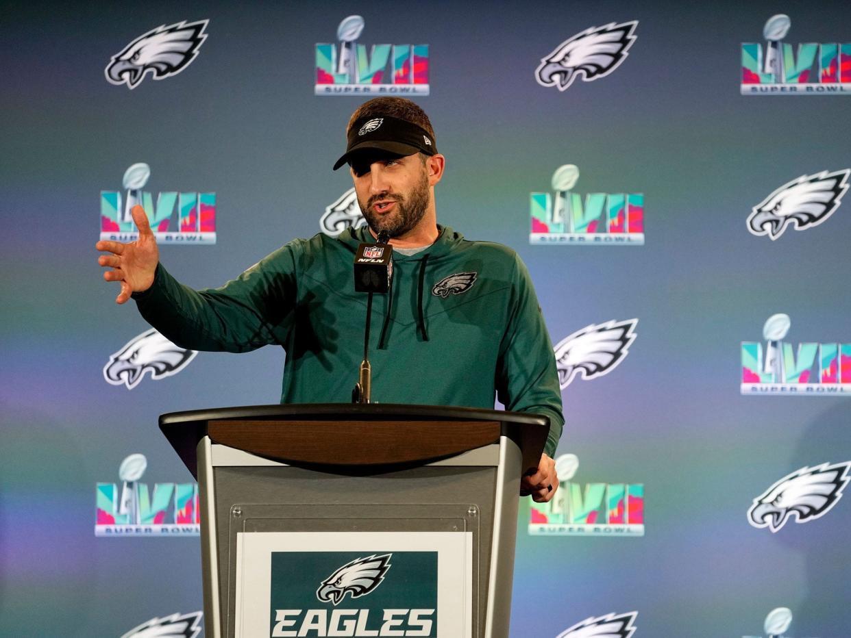 Eagles head coach Nick Sirianni speaks with media on Wednesday ahead of the Super Bowl.