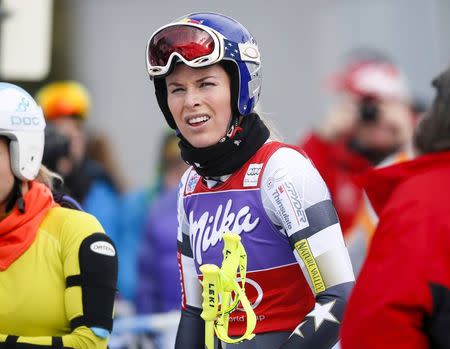 Lindsey Vonn of the U.S. looks on after the first training of the women's World Cup Downhill skiing race in Val d'Isere, French Alps, December 19, 2014. REUTERS/Robert Pratta