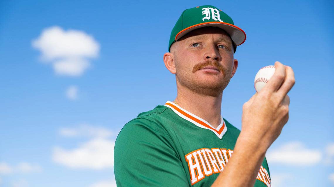Miami Hurricanes pitcher Andrew Walters (21) is photographed during media day at Mark Light Field on Tuesday, Feb. 14, 2023, in Coral Gables, Fla. MATIAS J. OCNER/mocner@miamiherald.com