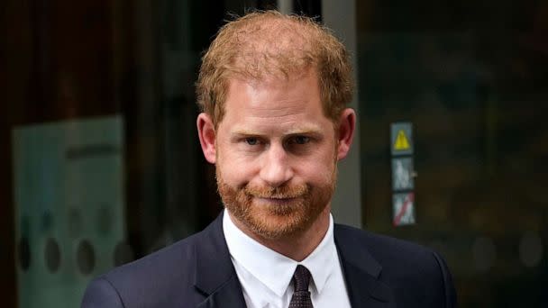 PHOTO: Prince Harry leaves the High Court after giving evidence in London, June 6, 2023. (Alberto Pezzali/AP)