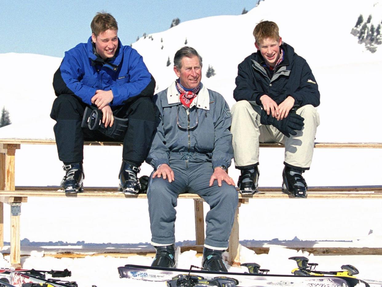 Prince William, Prince Charles, and Prince Harry on a skiing trip in Klosters, Switzzerland, in 2000.