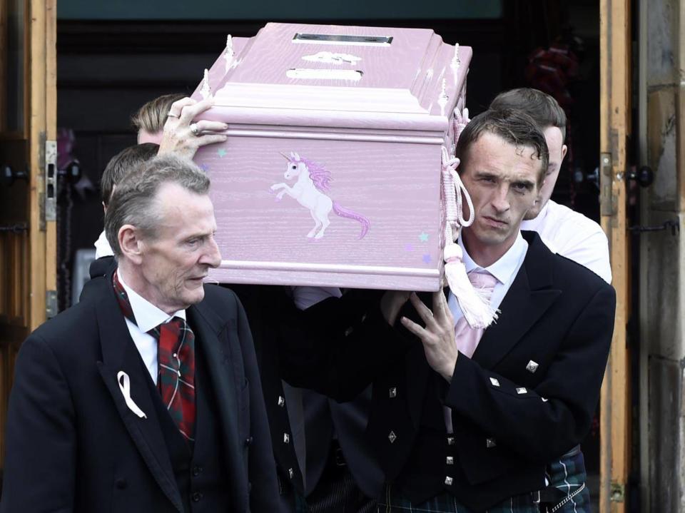 The coffin taken from the Coats Funeral Home, in Coatbridge, Scotland, after the funeral of six-year-old Alesha MacPhail, whose body was found on the Isle of Bute earlier this month (Lesley Martin/PA Wire)