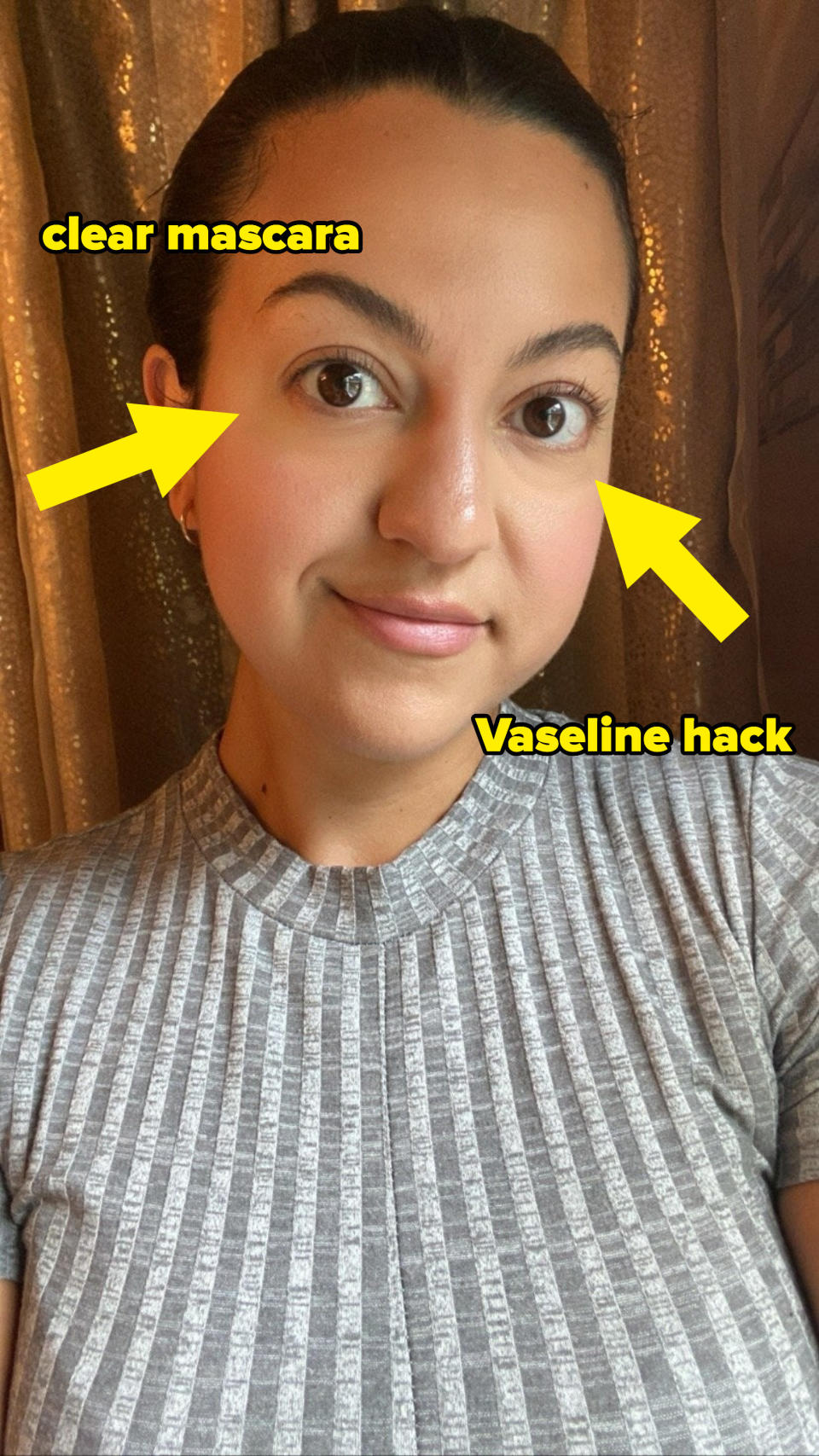 The writer's eyes are labeled, one as being treated with Vaseline and the other with clear mascara; the Vaseline eye's lashes are notably more prominent
