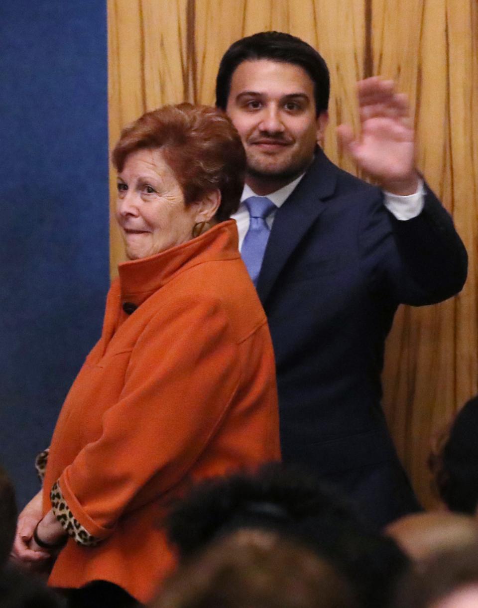 Summit County Executive Ilene Shapiro joins Akron Mayor Shammas Malik before his ceremonial swearing-in as mayor during a public ceremony at EJ Thomas Hall on Saturday.