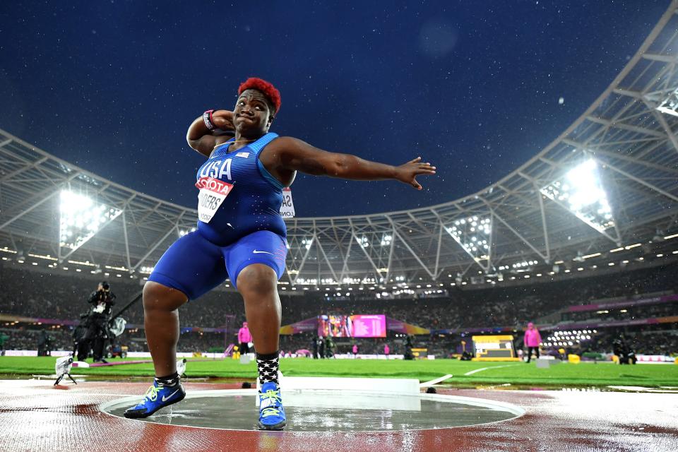 Raven Saunders of the United States competes in the Women's Shot Put final during day six of the 16th IAAF World Athletics Championships at The London Stadium on Aug. 9, 2017 in London. (Matthias Hangst / Getty Images file)