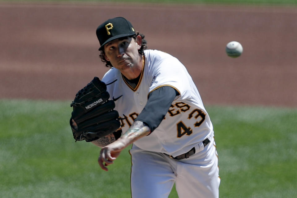 Pittsburgh Pirates starter Steven Brault pitches against the Detroit Tigers in the first inning of a baseball game Sunday, Aug. 9, 2020, in Pittsburgh. (AP Photo/Keith Srakocic)