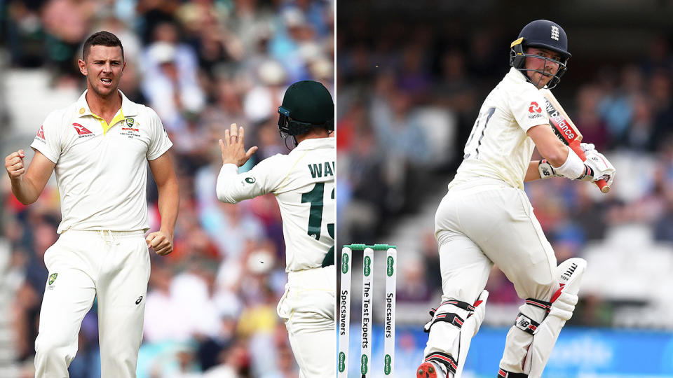 Josh Hazlewood's LBW of Rory Burns was overturned by DRS. Pic: Getty