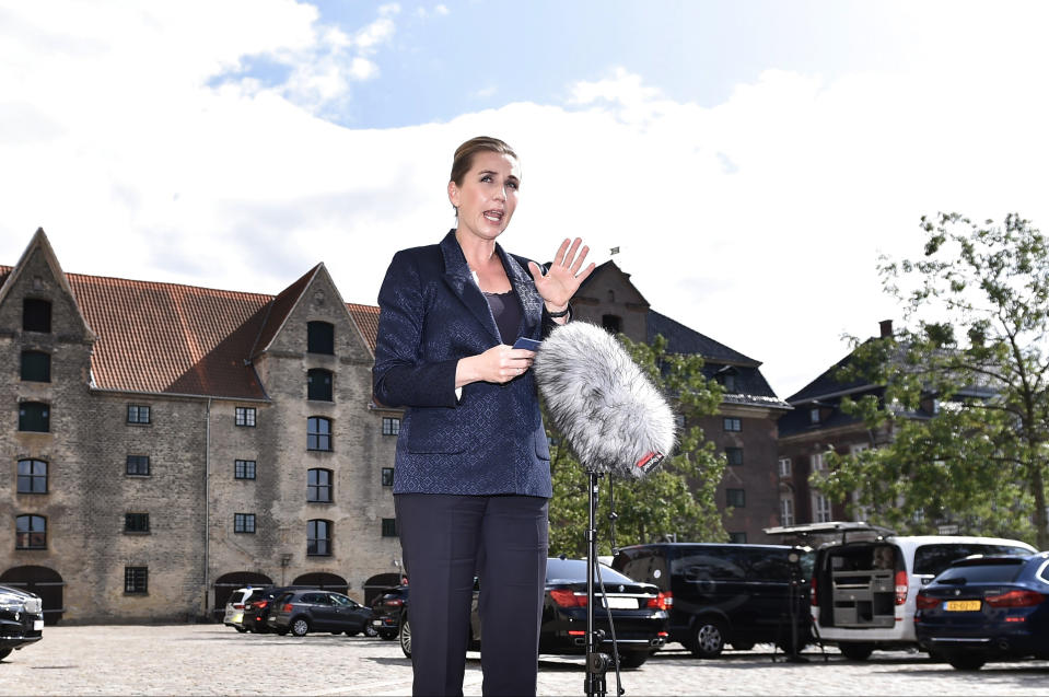 Denmark's Prime Minister Mette Frederiksen makes a comment on US President's cancellation of his scheduled State Visit, in front of the State Department in Copenhagen, Wednesday, Aug. 21, 2019. U.S. President Trump announced his decision to postpone a visit to Denmark by tweet on Tuesday Aug. 20, 2019, after Danish Prime Minister Mette Frederiksen dismissed the notion of selling Greenland to the U.S. as "an absurd discussion." (Mads Claus Rasmussen / Ritzau Scanpix)