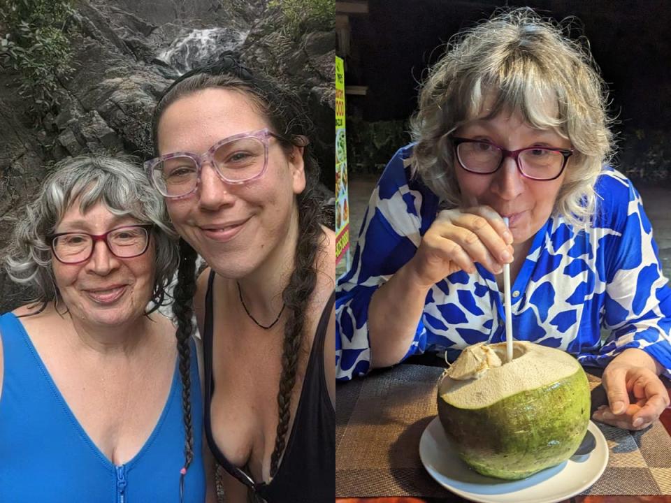 Author Hannah Shewan Stevens and her mom smiling in front of a waterfall next to phot of her mother sipping from a coconut