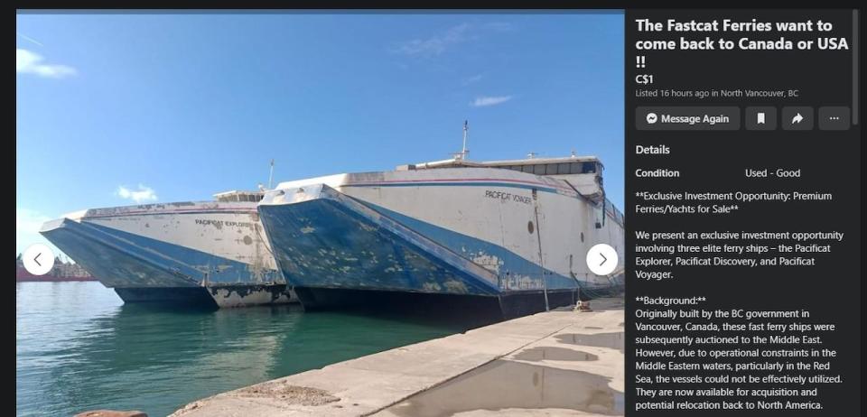 The Facebook Marketplace posting for the three Pacificat ferries, built by the B.C. government in the 1990s but now set to be scrapped by the Egyptian government.  (Rob Arthurs - image credit)