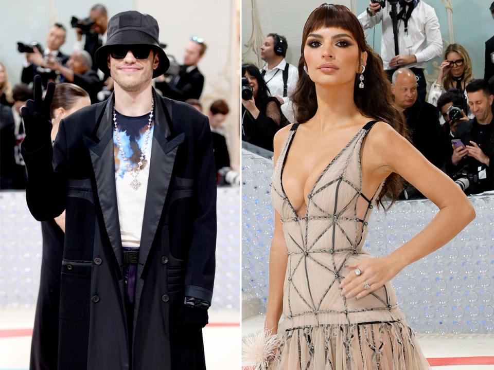 A side-by-side of Pete Davidson and Emily Ratajkowski at the 2023 Met Gala.