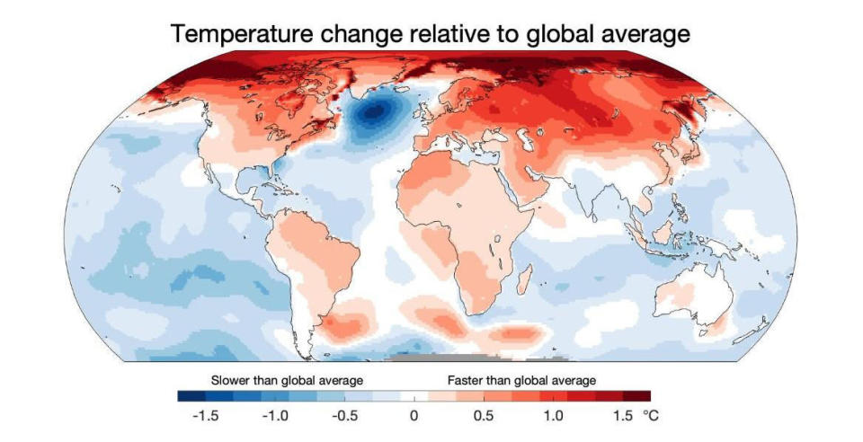 Map shows the relative warming of surface temperatures as compared to other parts of the planet. Areas in dark red are warming much faster than average, such as the Arctic. Areas in light blue are also warming, but more slowly than average. The region of dark blue near southern Greenland is not warming at all and has even cooled some. / Credit: Professor Ed Hawkins