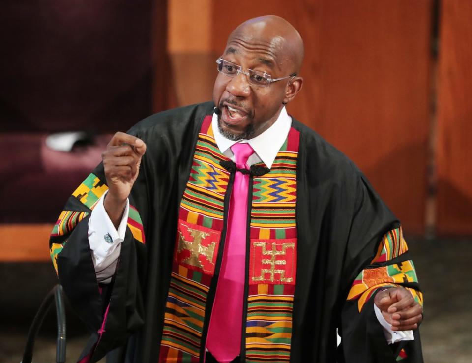 Rev. Raphael G. Warnock delivers the eulogy for Rayshard Brooks at his funeral in Ebenezer Baptist Church on June 23, 2020 in Atlanta. (Photo by Curtis Compton-Pool/Getty Images)