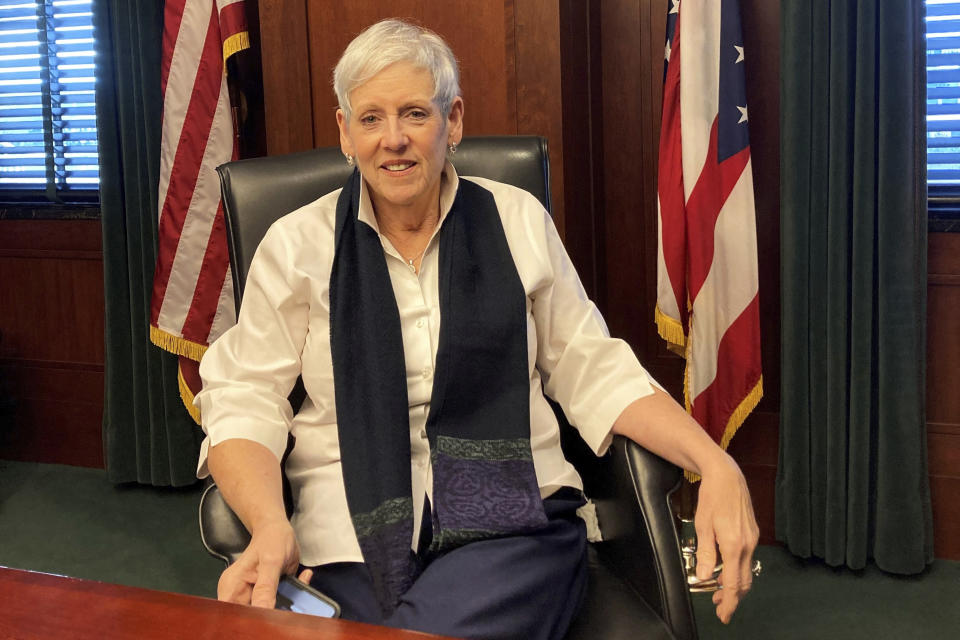 FILE - Ohio Chief Justice Maureen O'Connor is pictured in her chambers at the Ohio Supreme Court in Columbus, Ohio, on Dec. 15, 2022. The election contests of 2022 may have been held and decided, but Ohio’s political maps remain far from settled. What was supposed to be a once-per-decade process for redrawing the state’s U.S. House and Statehouse districts to reflect updated 2020 population figures now promises to extend into 2023, and probably longer. (AP Photo/Julie Carr Smyth, File)