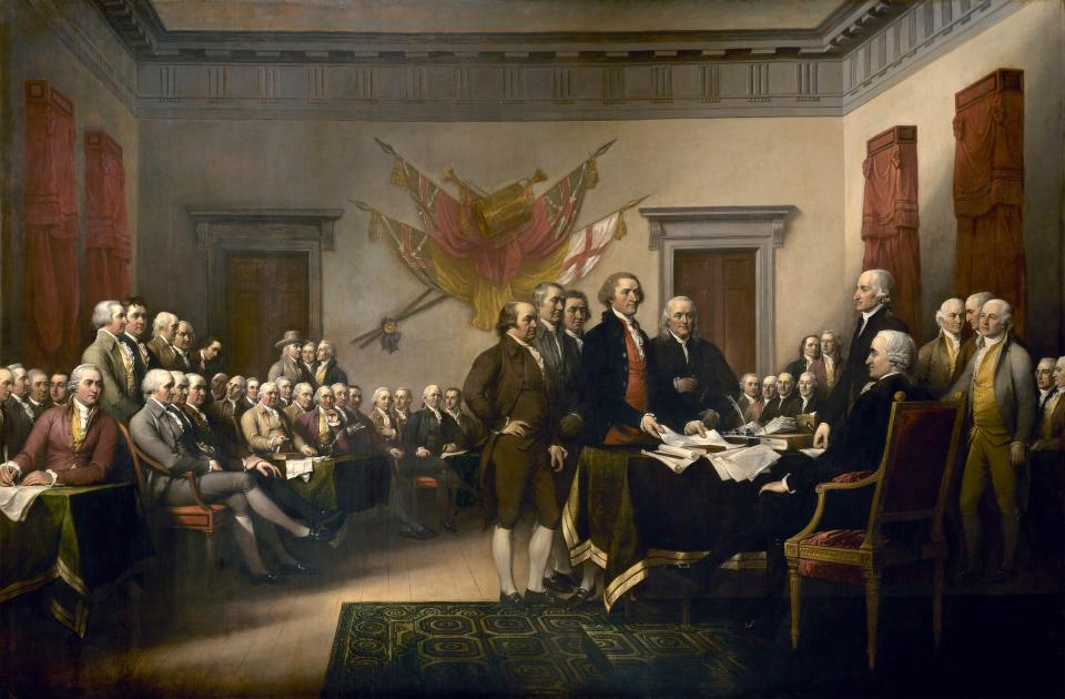 John Trumbull's painting, Declaration of Independence, depicting the five-man drafting committee of the Declaration of Independence presenting their work to the Congress. The painting can be found on the back of the U.S. $2 bill. The original hangs in the US Capitol rotunda.