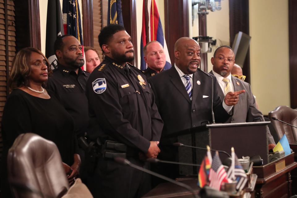 Savannah Mayor Van Johnson responds to a question from the media as he stands with Police Chief Lenny Gunther during a press conference on Sunday, May 19, 2024 at Savannah City Hall. The press conference was in response to weekend gun violence where 2 were killed and 14 others injured in 5 separate incidents.