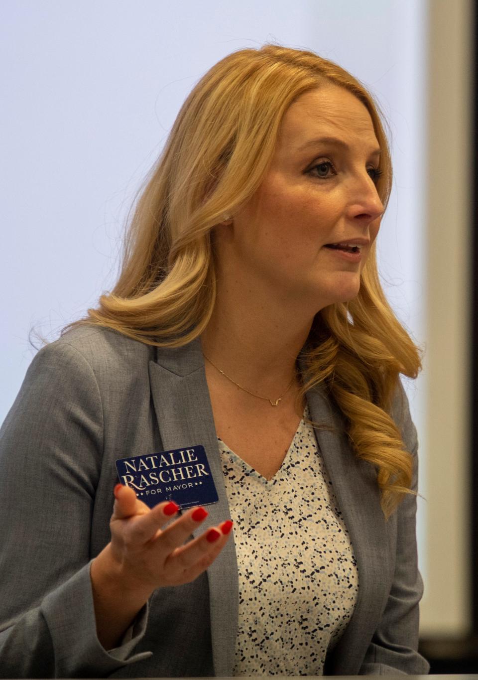 Evansville mayoral Republican candidate Natalie Rascher responds to questions during the League of Women Voters of Southwestern Indiana’s Mayoral Candidate Forum in the Browning Room at EVPL Central Thursday afternoon, April 13, 2023. 