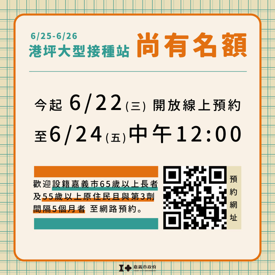 嘉義市本月25、26日開設的第四劑莫德納大型接種站尚有名額。   圖：嘉義市政府/提供