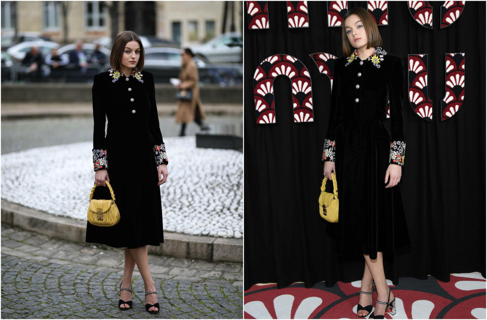 Este año también la hemos visto en el <em>front row</em> de su firma favorita. Fue en marzo cuando la estrella acudió a un desfile de Miu Miu en la Paris Fashion Week con uno de sus vestidos más elegantes. (Foto: Jeremy Moeller / Pascal Le Segretain / Getty Images)