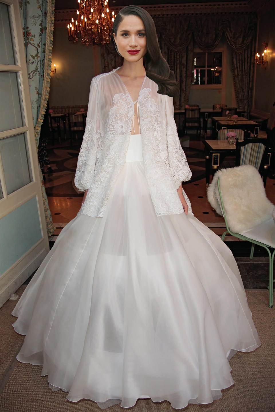 <p>Paris-based designer Delphine Manivet is a favourite of Meghan’s with the star saying the under-the-radar label’s whimsical romantic dresses <a rel="nofollow noopener" href="https://www.glamour.com/story/suits-wedding-dress-rachel-zane" target="_blank" data-ylk="slk:should be celebrated" class="link ">should be celebrated</a> “for their uniqueness and beauty.” <i>[Photo: Getty]</i> </p>
