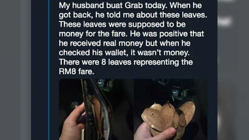 馬來西亞一名司機日前載客後清點當天收入，皮包內竟然有8片樹葉。（圖／翻攝自中國報）