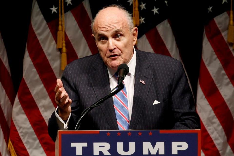 Rudy Giuliani delivers remarks before Donald Trump rallies with supporters in Council Bluffs, Iowa in 2016.