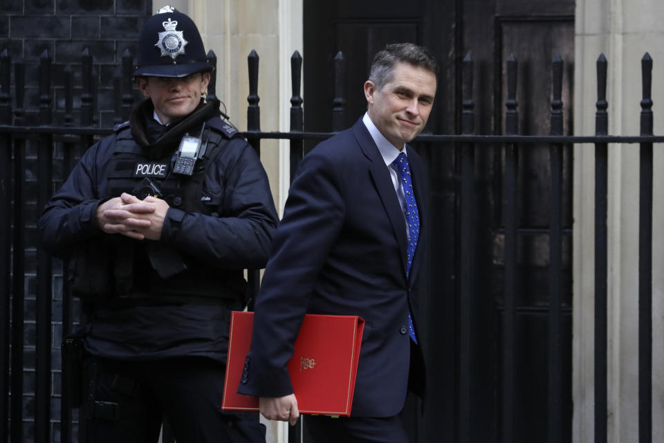 British lawmaker Gavin Williamson, Secretary of State for Education arrives in Downing Street for a Cabinet meeting ahead of the budget being announced in Parliament in London, Wednesday, March 11, 2020. Britain's Chancellor of the Exchequer Rishi Sunak will announce the first budget since Britain left the European Union. (AP Photo/Kirsty Wigglesworth)