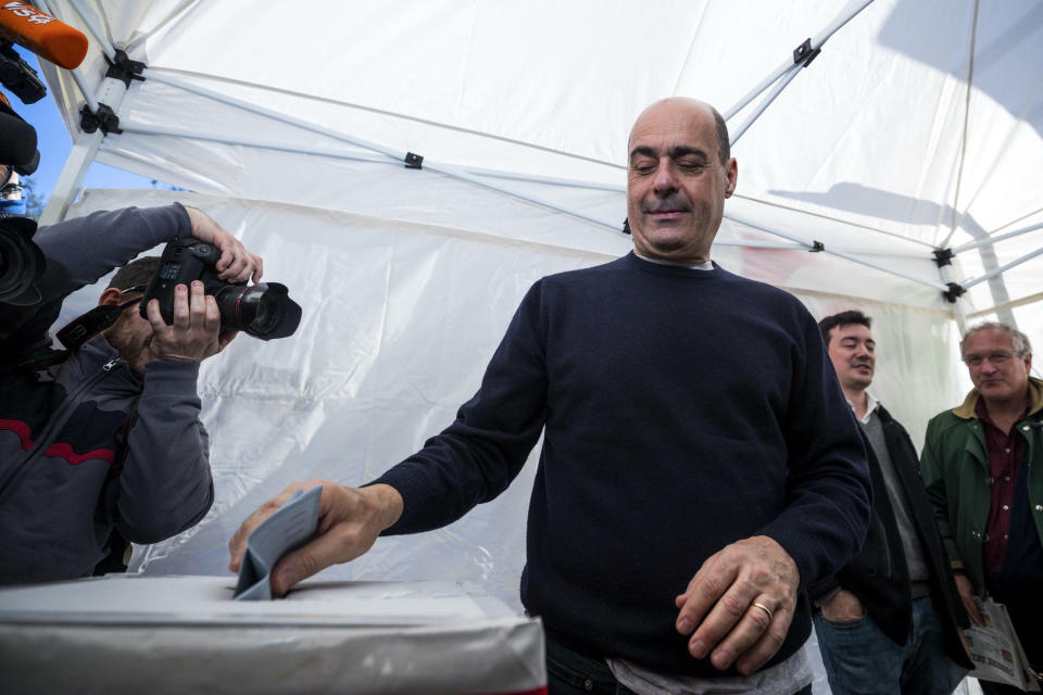 Democratic Party National Secretary candidate and current President of the Lazio Region Nicola Zingaretti casts his ballot in the vote for the primary elections of the Democratic Party, in Rome, Sunday, March 3 2019. (Angelo Carconi/ANSA via AP)